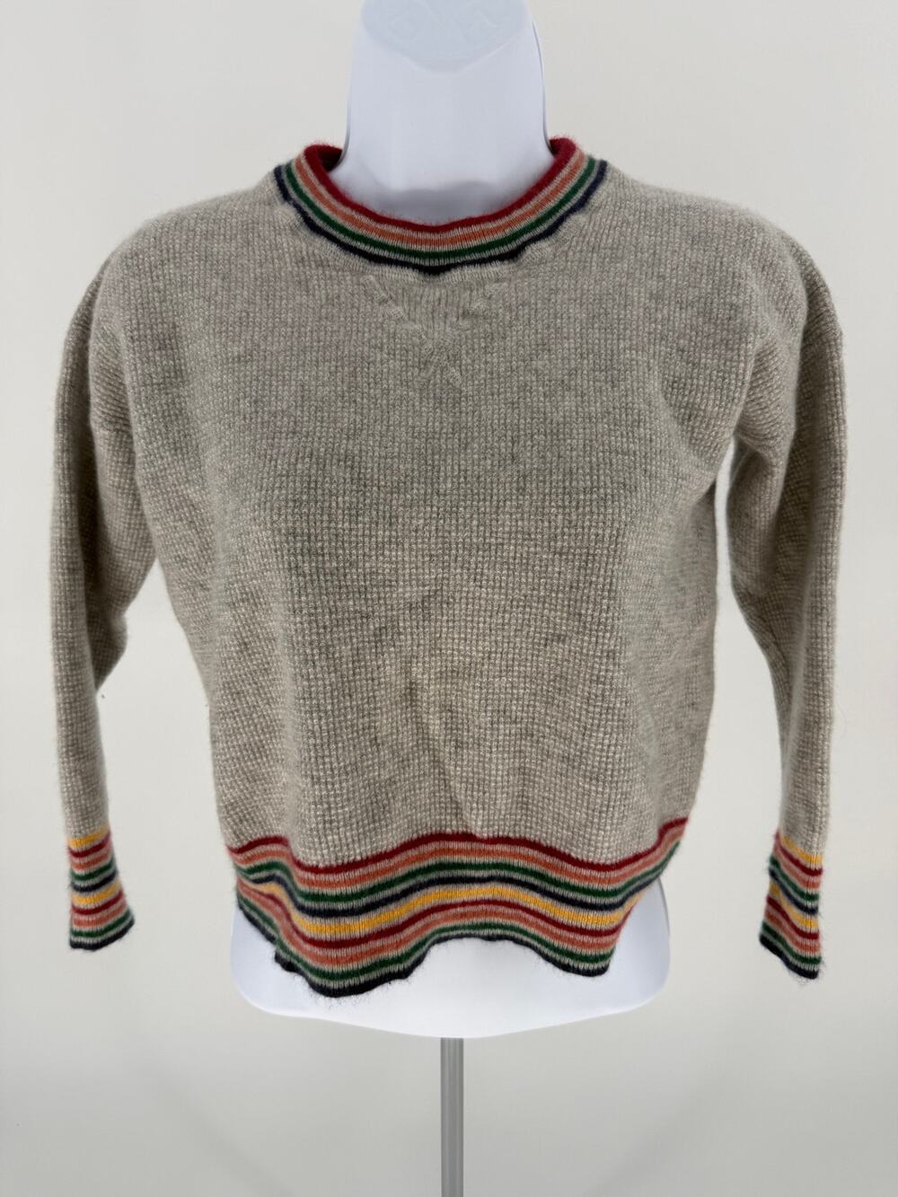 Madewell 100% Cashmere Sweater Womens S Gray Rainbow Stripe Trim Crewneck